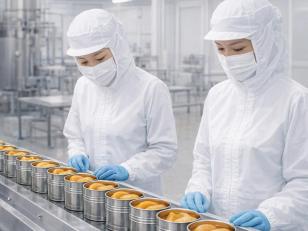 桃の缶詰の製造ライン作業