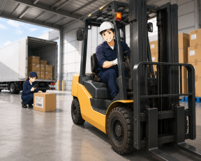物流センター構内でのフォークリフト、荷下ろし、ピッキング作業
