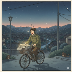 「夜明けの静かな街を、音楽を楽しみながら笑顔で新聞配達する青年のイラスト。誰にも邪魔されない朝の充実感を表現しています。」